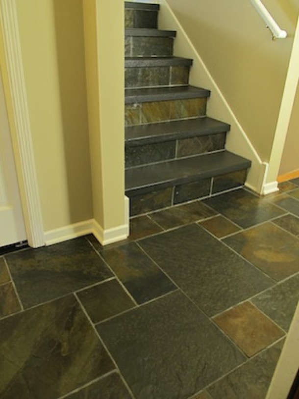 Slate tile entryway and stairs